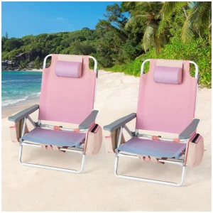 Costway2-Pack Folding Backpack Beach Chair 5-Position Outdoor Reclining Chairs with Pillow-S