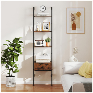 Costway5-Tier Ladder Bookcase with Drawer Tall Wall-Mounted Bookshelf-Rustic Brown