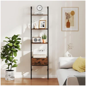 Costway5-Tier Ladder Bookcase with Drawer Tall Wall-Mounted Bookshelf-Rustic Brown