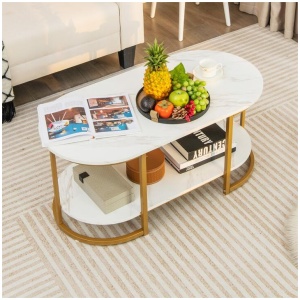 CostwayModern 2-Tier White Marble Coffee Table with Open Shelf