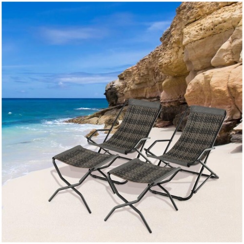 CostwayOutdoor PE Wicker Folding Sling Chair with Armrests and Metal Frame-with Footrest