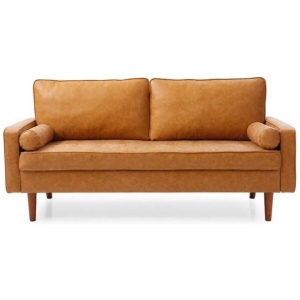 Design Square Designer Modern 2.5-Seater Faux Leather Sofa Wooden Legs - Brown