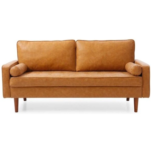 Design Square Designer Modern 2.5-Seater Faux Leather Sofa Wooden Legs - Brown