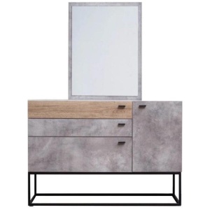 Design Square Dresser Sideboard Buffet Unit With Mirror - Black Metal Legs - Dark Oak / Cement Grey