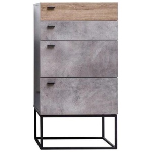 Design Square Modern 4-Drawer Chest of Drawers TallBoy - Black Metal Legs - Dark Oak / Cement Grey