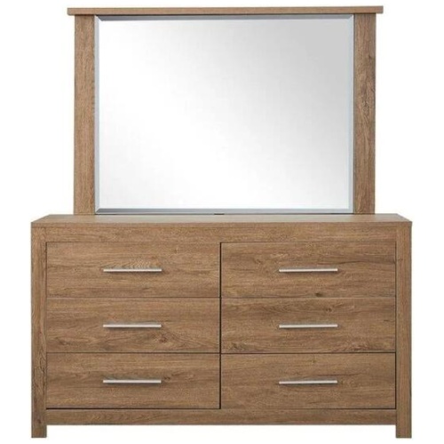 Design Square Modern 6-Drawer Dresser Low Boy Sideboard Buffet Unit With Mirror - Dark Oak