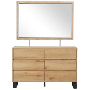 Design Square Wooden Dresser Chest Of 6-Drawers Lowboy Storage Cabinet W/ Mirror - Natural