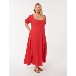 Forever New Women's Tori Curve Plus Size Puff-Sleeve Linen Midi Dress in Heirloom Tomato