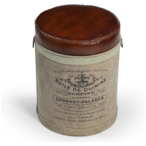 French Industrial Rustic Leather Canvas Perfume Foot Stool Ottoman
