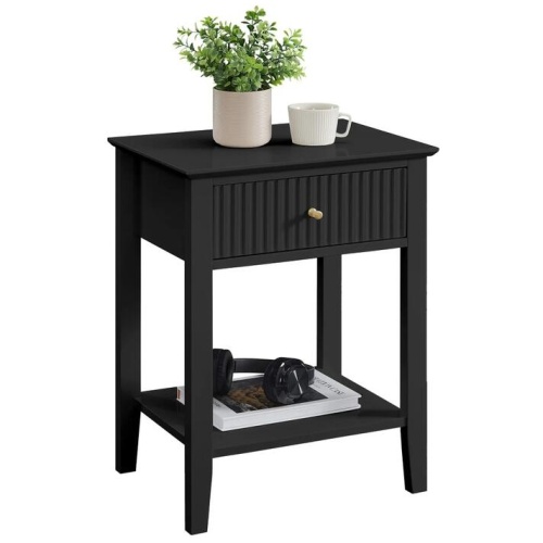 Issey Modern Wooden Bedside Nightstand Side Table Fluted 1-Drawer - Black