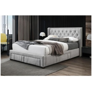 Kozen Fabric Queen Size Bed Frame Button Tufted 4-Drawers Storage Light Grey