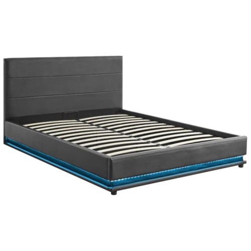 LED PU Leather Gas Lift Storage Bed Frame Black - King