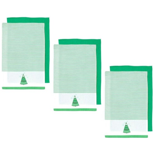 Ladelle Set of 6 Christmas Xmas Festival Joyful Icons Cotton Tea Towels Christmas Tree
