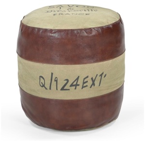 Savon France Vintage Rustic Canvas Leather Round Foot Stool Ottoman