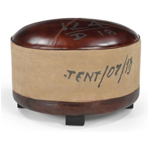 Sebastian Vintage Rustic Canvas Leather Round Foot Stool Ottoman
