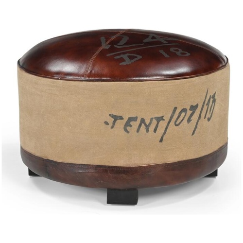 Sebastian Vintage Rustic Canvas Leather Round Foot Stool Ottoman