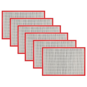 Set of 6 Bamboo Table Placemats White with Red Border 30 x 45cm