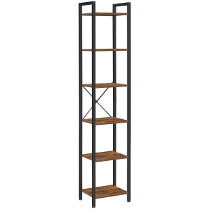Small 6-Tier Industrial Bookshelf, Rustic Brown, Black