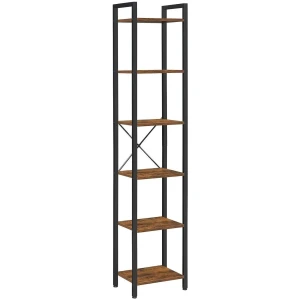 Small 6-Tier Industrial Bookshelf, Rustic Brown, Black