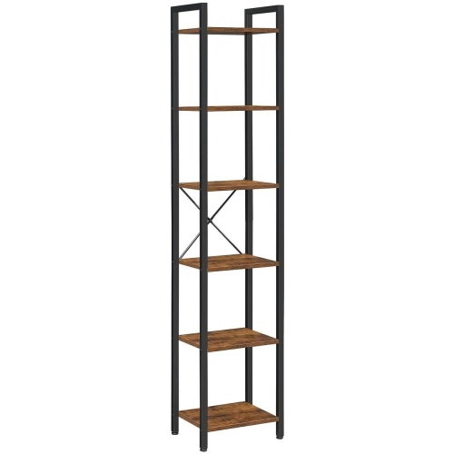Small 6-Tier Industrial Bookshelf, Rustic Brown, Black
