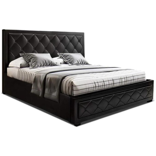 Tiyo Bed Frame PU Leather Gas Lift Storage - Black Queen