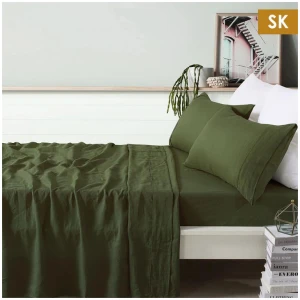 Vintage Design Homewares 100% Linen Olive Sheet Set Super King