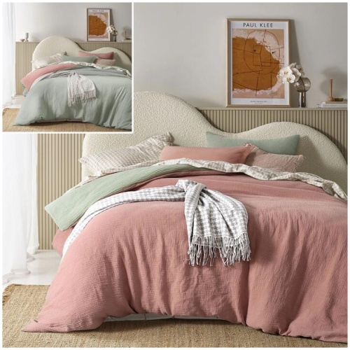 Vintage Design Homewares Hugo Reversible Clay Sage Cotton Gauze Quilt Cover Set King