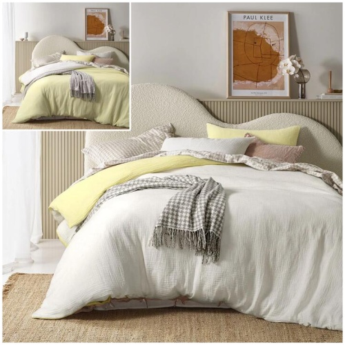 Vintage Design Homewares Hugo Reversible White Butter Cotton Gauze Quilt Cover Set King