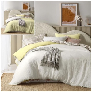 Vintage Design Homewares Hugo Reversible White Butter Cotton Gauze Quilt Cover Set Super King
