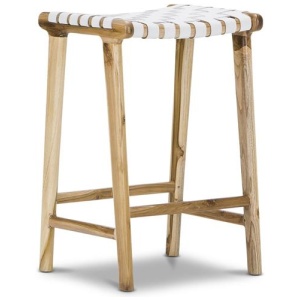 Xander Leather Teak Bar stool - White by Interior Secrets - AfterPay Available