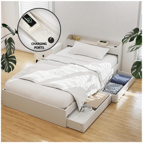 Artiss Bed Frame Single Size with Charging Ports and 2 Drawers AURA