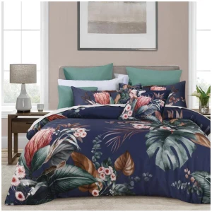 Bianca Balwyn Navy Cotton Sateen Botanical Quilt Cover Set Queen
