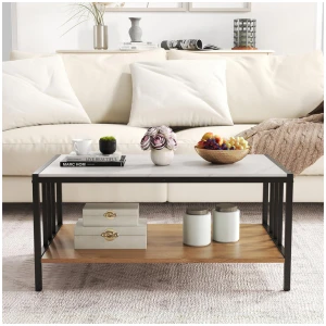 Costway2-Tier Coffee Table Rectangular Center Table with Sintered Stone Tabletop-White