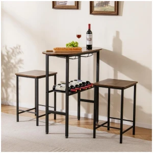 Costway3 Piece Counter Height Table Set with Wine Rack-Brown