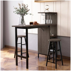 Costway3 Pieces Bar Table & Chair Set with 6-Bottle Wine Racks for Dining Room-Brown