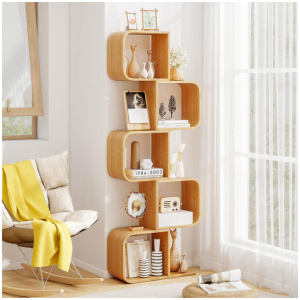 CostwayBamboo Geometric Bookshelf 5-Tier Display Shelf with Open Cubes-Natural
