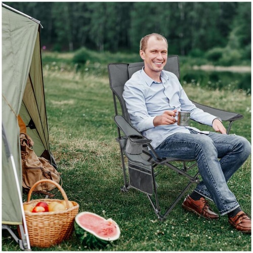 CostwayCamping Lounge Chair with Detachable Footrest and Adjustable Backrest for Fishing Camp Picnics-Grey