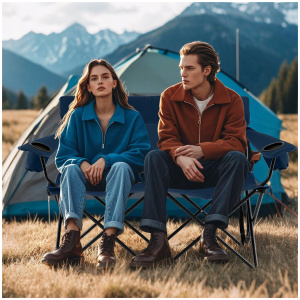 CostwayDouble Camping Chair 2-Person Outdoor Folding Love seat with Cup Holders-Blue
