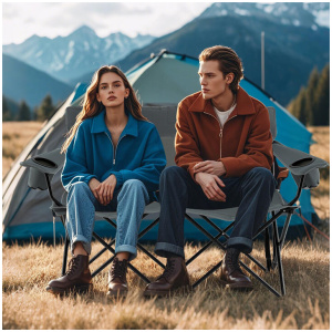 CostwayDouble Camping Chair 2-Person Outdoor Folding Love seat with Cup Holders-Grey