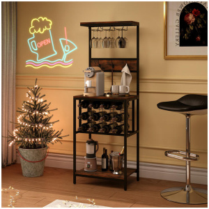 CostwayFreestanding Wine Rack Bar Cabinet with Wine Bottle Holders-Rustic Brown