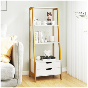 CostwayLadder Bookshelf with 4 Open Shelves and 2 Drawers-White