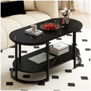 CostwayMarble Coffee Table Modern 2-Tier Center Table with Open Storage Shelf-Black