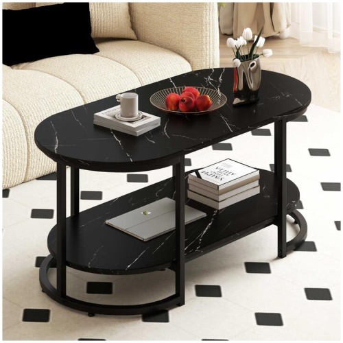 CostwayMarble Coffee Table Modern 2-Tier Center Table with Open Storage Shelf-Black