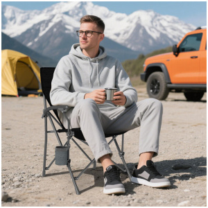 CostwayPortable Camping Chair with Cup Holder and Side Pocket-Black