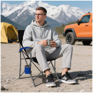 CostwayPortable Camping Chair with Cup Holder and Side Pocket-Navy