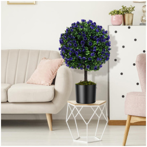 CostwaySet of 2 Artificial Purple Rose Topiary Ball Trees with Cement-Filled Pot for Indoors Outdoors-Purple