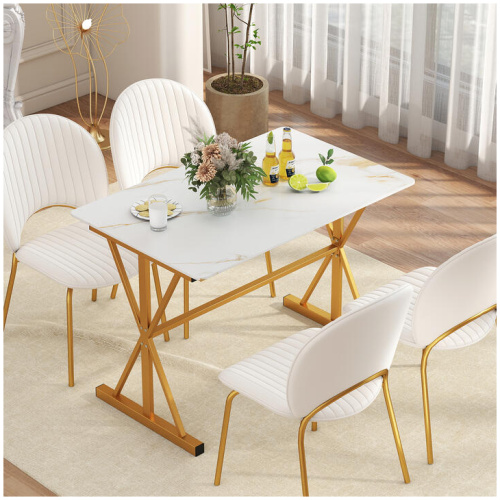 CostwaySintered Stone Dining Table Rectangular Kitchen Table with Metal Frame-Golden