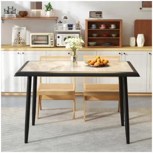 CostwaySintered Stone Dining Table Rectangular Kitchen Table with Metal Frame-Grey