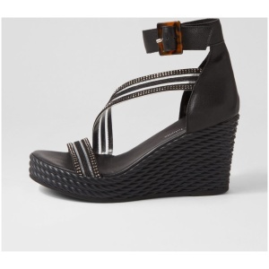 Django & Juliette Estela Dj Black Vinylite Leather Black Sandals Womens Shoes Casual Heeled Sandals