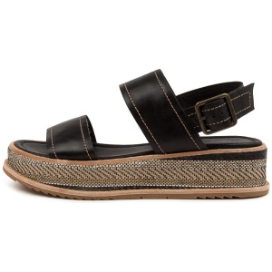 Django & Juliette Vijay Dj Black Leather Black Sandals Womens Shoes Casual Sandals Flat Sandals